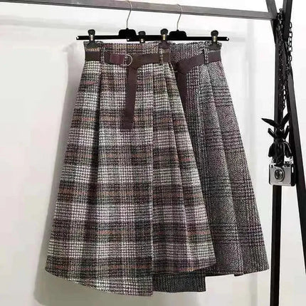 Korean Women Fashion Leisure Plaid Woolen Skirt Autumn Winter New High Waist Mid-Long Irregular Wool Skirts Femme Large Size 4XL PlatiNum