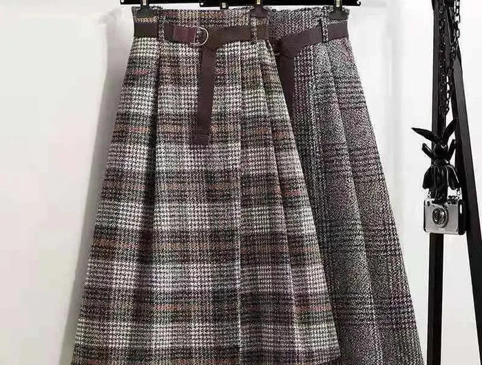 Korean Women Fashion Leisure Plaid Woolen Skirt Autumn Winter New High Waist Mid-Long Irregular Wool Skirts Femme Large Size 4XL PlatiNum