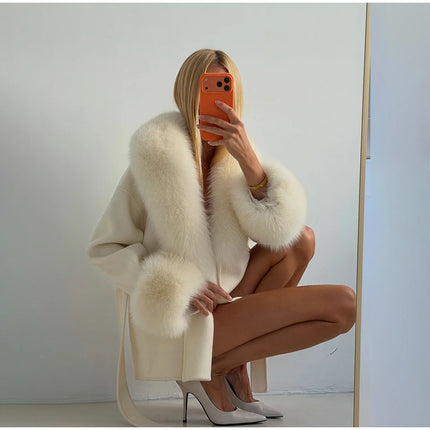 Women Faux Wool Short Coat Faux Fur Collar Cuffs Patchwork Lace-Up Coats Elegant Loose Luxury Ladies Autumn Winter Outerwear