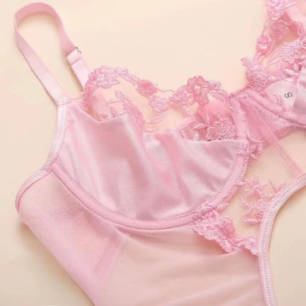 Sexy Fancy Lingerie Set Women Applique Split Underwear Beautiful Exotic Set Lace Intimate with Chain Pink Sexy Bra and Panty Set
