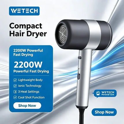 WETECH W1119 2200W Negative Ionic Hair Dryer 220-240V EU Plug Professional Compact Hair Blow Dryer With Concentrator Nozzle Cool Shot Function For Home Travel