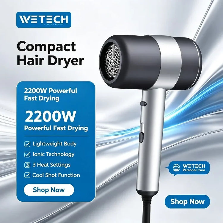 WETECH W1119 2200W Negative Ionic Hair Dryer 220-240V EU Plug Professional Compact Hair Blow Dryer With Concentrator Nozzle Cool Shot Function For Home Travel