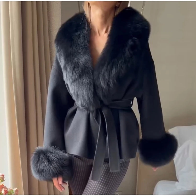 Women Faux Wool Short Coat Faux Fur Collar Cuffs Patchwork Lace-Up Coats Elegant Loose Luxury Ladies Autumn Winter Outerwear