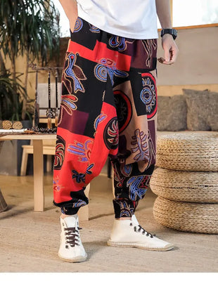 Pantaloni Harem da Uomo 2026 Stile Retrò con Stampa, Pantaloni Jogger Larghi e Comodi con Cavallo Ribassato, Stile Nepal Oversize, Pantaloni Casual da Uomo con Cavallo Ribassato
