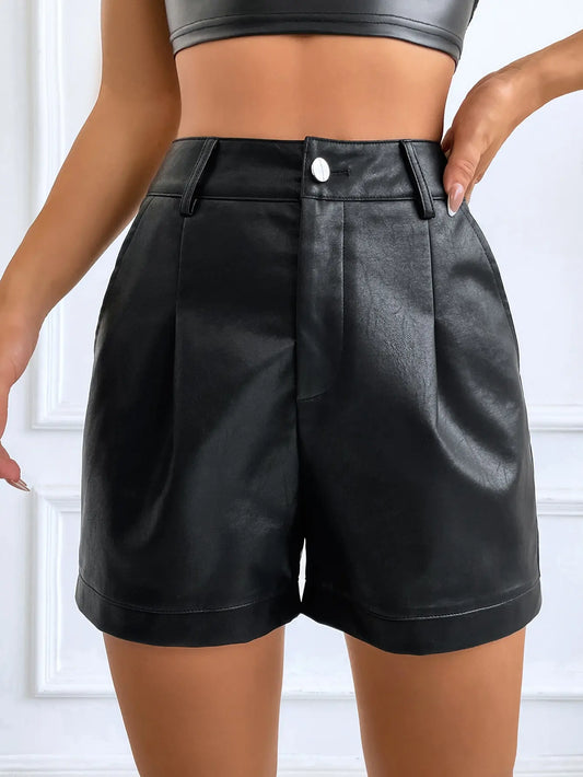 Women's Shorts Pants PU Leather High Waist Skinny 25 Spring Summer Casual Work Outfit Bodycon Fit Black Ruching Design Pocket
