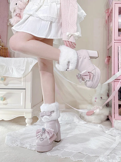 Original Japanese Sweet Cute Style Versatile Bow High Heel Boots Autumn Winter Mass-Produced Rhinestones Fur Short Boots