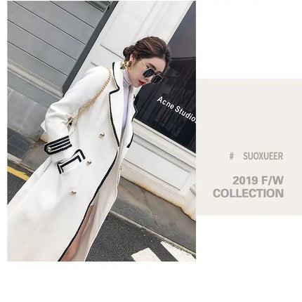Women White Long Woolen Coat Autumn Winter British Hepburn Style Thicken Slim Double-Breasted Woolen Coat New Women Outwear