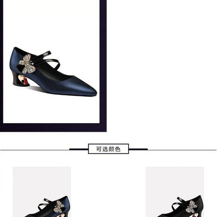 FHC Tacchi medi in pelle poco profonde, Scarpe da lavoro da donna da ufficio, Décolleté da donna, Papillon con strass, Punta a punta Vogue, Blu, Nero, Dropship