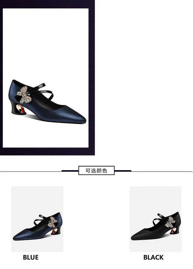FHC Tacchi medi in pelle poco profonde, Scarpe da lavoro da donna da ufficio, Décolleté da donna, Papillon con strass, Punta a punta Vogue, Blu, Nero, Dropship