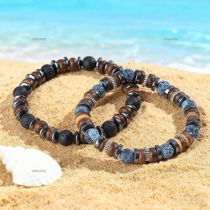 Set di braccialetti con perline in pietra naturale da uomo da 2 pezzi, gioielli da uomo in stile retrò fatto a mano all'aperto, regalo da uomo platinumshop
