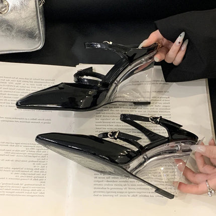 Liyke New Fashion Transparent Wedge Slippers Women Pumps Patent Leather Pointed Toe Buckle Strap Designer High Heels Mules Shoes PlatiNum