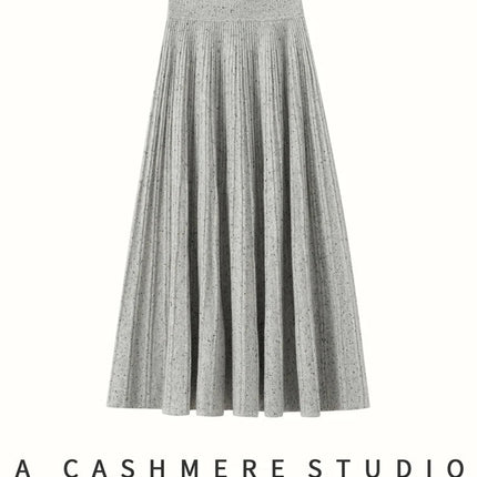 Chic Women's Cashmere Pleated A-line Skirt Autumn Winter 100% Cashmere Knitted Colorful Dots Decoration Elastic Waist Soft Dress PlatiNum
