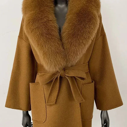 CXFS 2025 Winter Fashion Women Double-sided Wool Cashmere Coat with Detachable Natural Fox Fur Collar New design suit collar