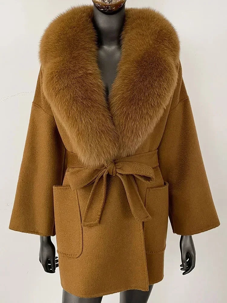 CXFS 2025 Winter Fashion Women Double-sided Wool Cashmere Coat with Detachable Natural Fox Fur Collar New design suit collar