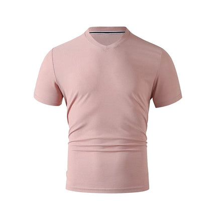 2025 New Men's Casual Fashion Simple V-neck Short Sleeved T-shirt Summer Comfortable Breathable Versatile Top PlatiNum