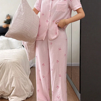 Set Pigiama da Donna con Stampa a Righe e Fiocco, Completo Estivo con Maglietta a Maniche Corte e Pantaloni, Comodo Abbigliamento da Notte e Loungewear