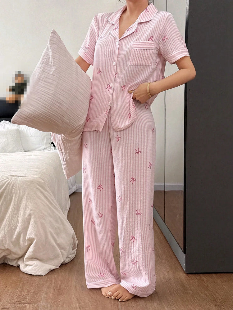 Set Pigiama da Donna con Stampa a Righe e Fiocco, Completo Estivo con Maglietta a Maniche Corte e Pantaloni, Comodo Abbigliamento da Notte e Loungewear