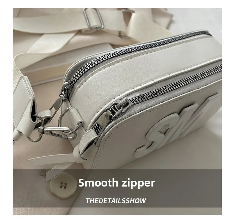 Chic SM Letter Camera Bags, Stylish Women’s Crossbody Small Square Purses with Wide Patterned Straps, Perfect for Daily Casual PlatiNum