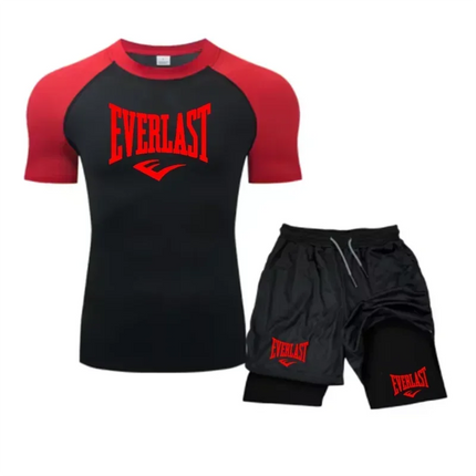 EVERLAST Camicia da Compressione da Uomo + Pantaloncini Sportivi 2 in 1 Set da 2 Pezzi per Il Tempo Libero Respiro Manica Corta Sport Jogging Palestra Marchio di Abbigliamento Stampa platinumshop