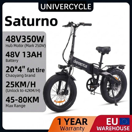 Univercycle B1 SATURNO Bici Elettrica Pieghevole 20" Pneumatico Largo Batteria Rimovibile 48V 13Ah Motore Senza Spazzole 250W Cambio a 7 Velocità Freno a Disco Idraulico 25 KM/H