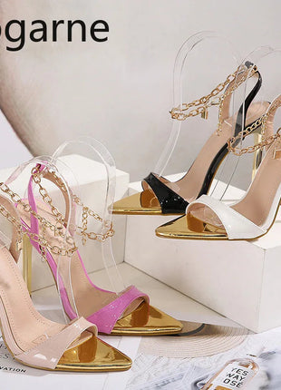 New Summer Sandals Women Fashion Gold Chain Ankle Strap Sexy Peep Toe Ladies Metal High Heels Sandals Woman Party Shoes Pumps PlatiNum