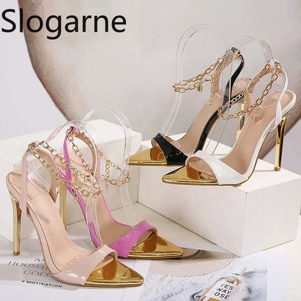 New Summer Sandals Women Fashion Gold Chain Ankle Strap Sexy Peep Toe Ladies Metal High Heels Sandals Woman Party Shoes Pumps PlatiNum