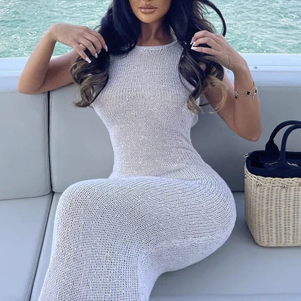 Abito lungo senza schienale per le vacanze al mare, copricostume da spiaggia con paillettes scavate in maglia, elegante moda estiva per le donne platinumshop