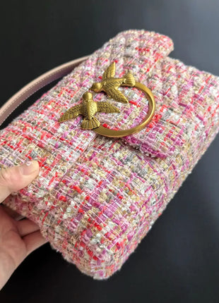 Nuova Borsa a Tracolla/Crossbody da Donna 2026 Ispirata a Pinko in Tweed con Cigno, in Vera Pelle
