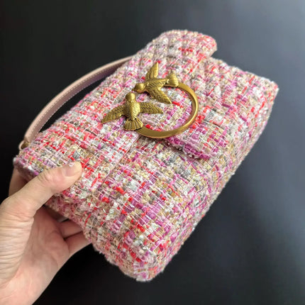 Nuova Borsa a Tracolla/Crossbody da Donna 2026 Ispirata a Pinko in Tweed con Cigno, in Vera Pelle