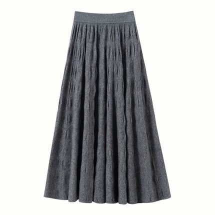 Women Cashmere Skirt A-Line Jacquard Elastic Waist Flared Skirt Autumn Winter 100% Cashmere Knitted Office Lady Curled Hem Dress PlatiNum