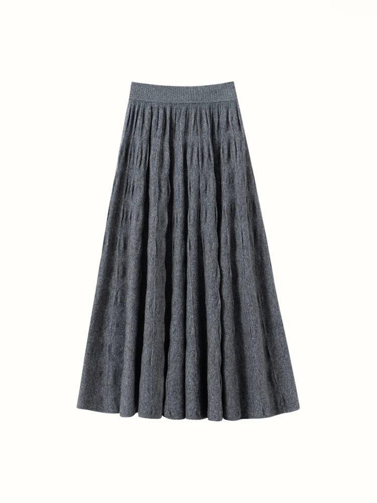 Women Cashmere Skirt A-Line Jacquard Elastic Waist Flared Skirt Autumn Winter 100% Cashmere Knitted Office Lady Curled Hem Dress PlatiNum