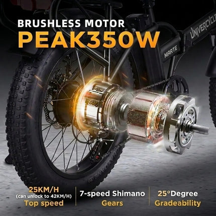 UNIVERCYCLE B3 MARTE Bici elettrica pieghevole, motore 350W potente 25 km/h, 48V 13Ah, doppia sospensione, pneumatici larghi 20×4 pollici Chaoyang, autonomia 45-80 km, per adulti