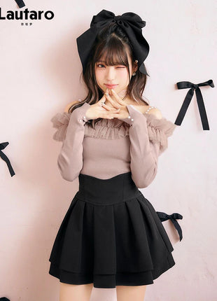 Minigonna a balze Lautaro Primavera Estate Nera Dolce Carina Kawaii a Vita Alta da Donna, Abbigliamento Cutecore Stile Giapponese Moda