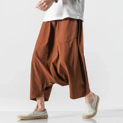 Pantaloncini Estivi da Uomo Oversize Casual Stile Harem Vintage in Cotone e Lino Comodi a Gamba Larga con Elastico in Vita Taglie Grandi
