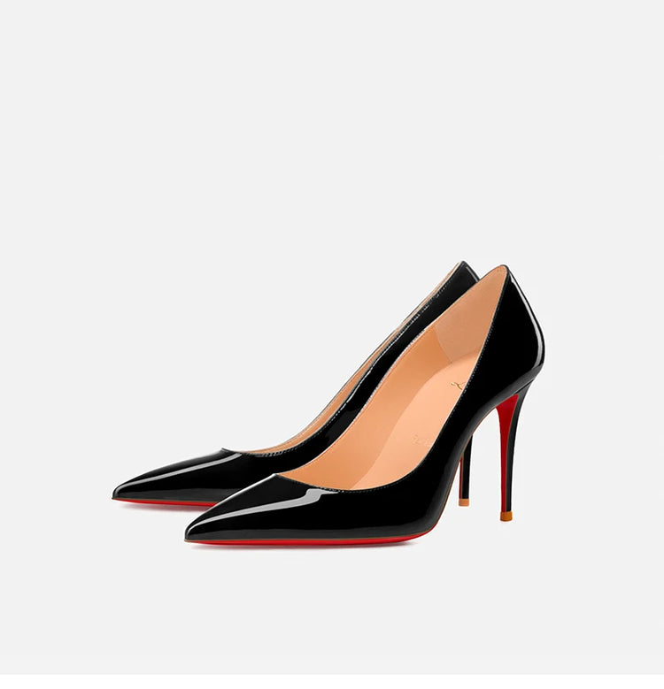 Tacchi alti eleganti da donna neri Fondo rosso lucido Tacchi da donna di marca di lusso 2025 tendenza Punta a punta Décolleté da festa sexy Scarpe da donna