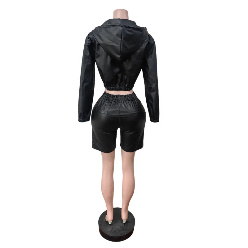 Yomesugar Autumn Sexy PU Leather 2 Piece Sets Women Hipster Zip Hooded Full Sleeve Crop Jacket and Shorts Matching Streetwear