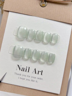 10Pcs Short Handmade Light Green Press On Nails Cat Eyes Pure Ballerina Decoration Wearable False Nails Full Cover Nail Tips Art