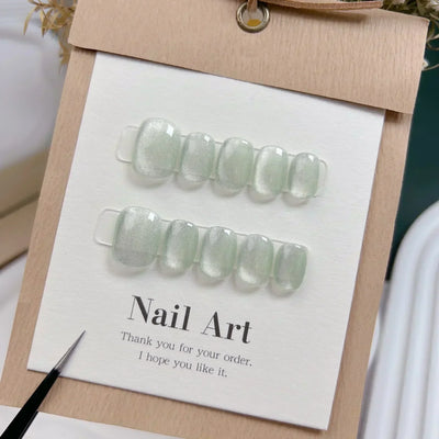 10Pcs Short Handmade Light Green Press On Nails Cat Eyes Pure Ballerina Decoration Wearable False Nails Full Cover Nail Tips Art