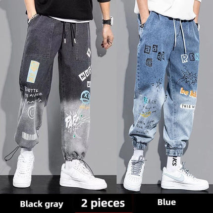 Men's Distressed Denim Pants Cuffed, Artistic Gradient Harem Jeans, Oversized Hip Hop Trousers for Spring Fall Versatile Outfits PlatiNum