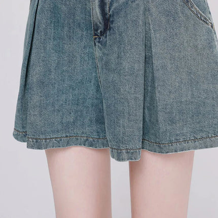 Korean Casual High Waisted Pleated Denim Shorts For Women Spring Summer Baggy Jeans Shorts Y2k  A-Line Wide Leg Jeans PlatiNum