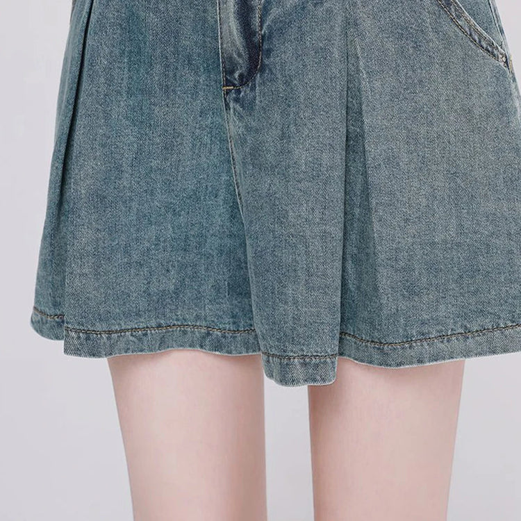Korean Casual High Waisted Pleated Denim Shorts For Women Spring Summer Baggy Jeans Shorts Y2k  A-Line Wide Leg Jeans PlatiNum