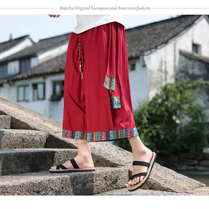 Pantaloncini kimono giapponese Costume da samurai in lino da uomo Ukiyo-e Cintura con stampa Pantaloni a gamba larga Retro Haori Pantaloni casual larghi Harajuku da uomo