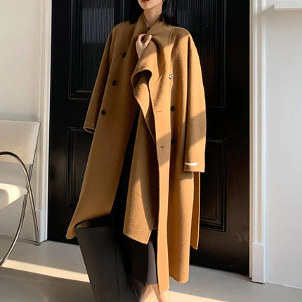 Luxury Hand-sewn Double-sided Cashmere Wool Coat Women New Mid-length Scarf Collar Loose Lace-up Warm Wool Coat Fashion Winter