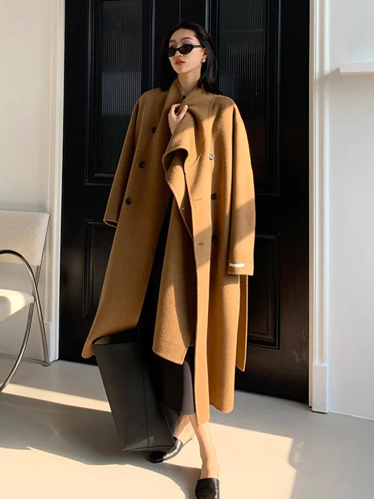 Luxury Hand-sewn Double-sided Cashmere Wool Coat Women New Mid-length Scarf Collar Loose Lace-up Warm Wool Coat Fashion Winter