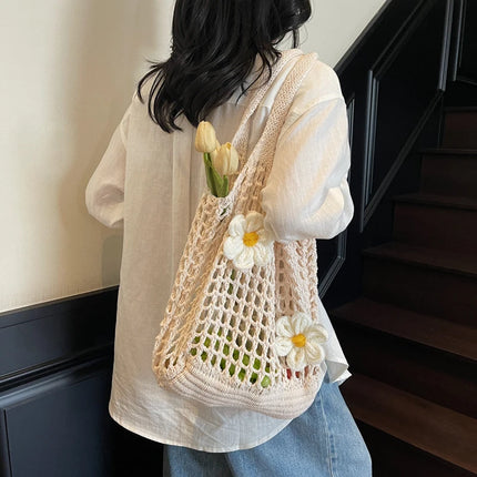 Women's Large Capacity Knitted Tote Bag Fashionable Summer Beach Bag Lightweight Casual Chic Hobo Top Handle Shoulder Bag