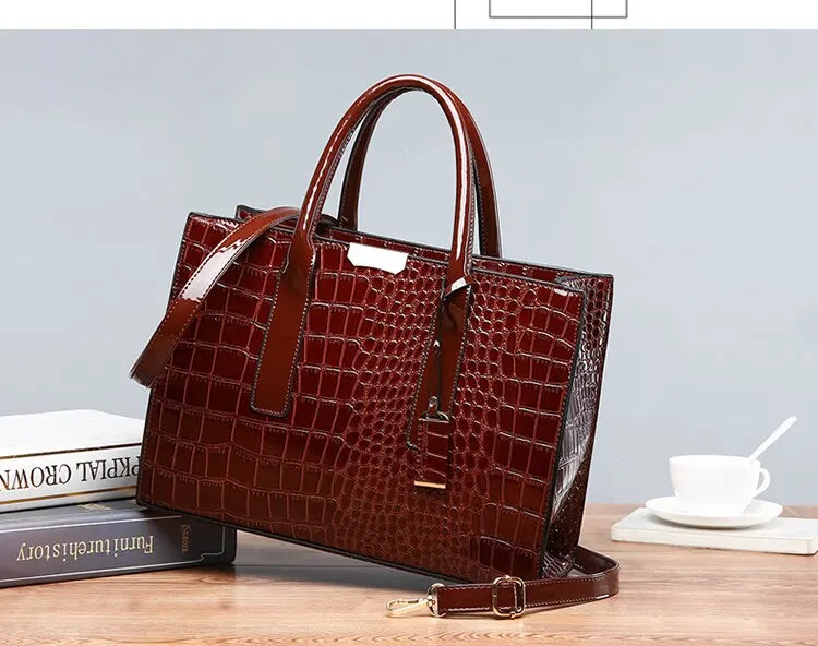 Luxury Vintage Women's Crocodile Pattern Handbag Large Capacity Tote Bag Leather Business Shoulder Bag For Female PlatiNum