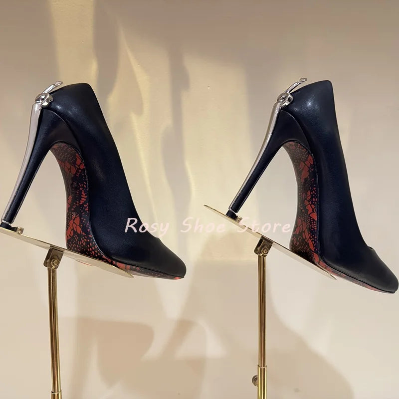 Black Suede Point Toe Strange Style Scepter-Shaped Heel Pumps Gold Silver Metal Fastener Heel Decor Pumps Nightclub Dancing Shoe