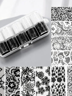 10 Rolls 2.5*50cm New Black White Lace Transfer Foil Nail Art Sexy Full Wraps Flower Glue Adhesive DIY Manicure Styling Tools 2028