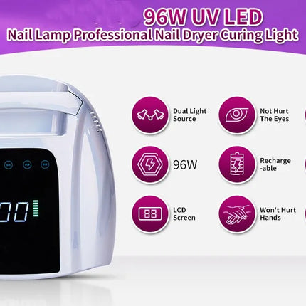 96W Wireless UV LED Nail Dryer, Rechargeable Nail Lamp with Metal Base, Portable Cordless Manicure Curing Light for Gel Polish