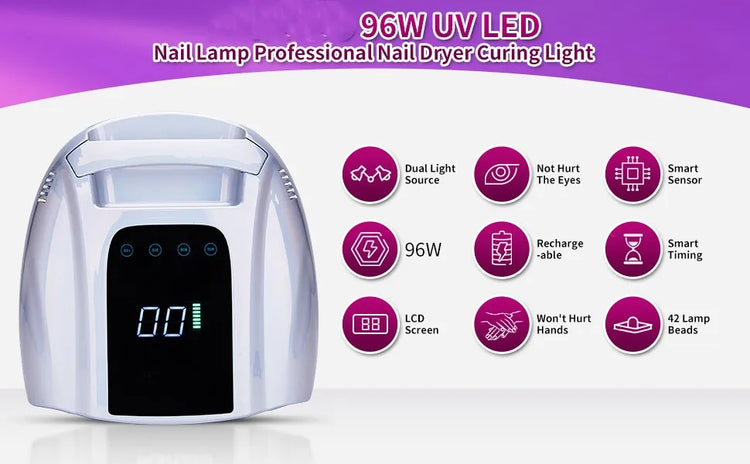 96W Wireless UV LED Nail Dryer, Rechargeable Nail Lamp with Metal Base, Portable Cordless Manicure Curing Light for Gel Polish